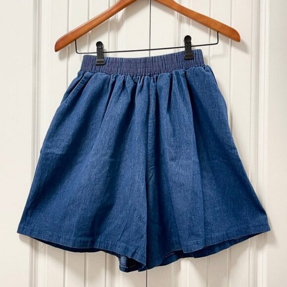 High Waist Flouncy Chambray Denim Shorts Navy - Picture 2 of 7